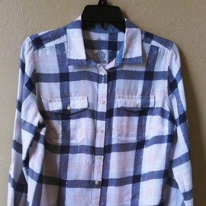 St John's Bay, White Long sleeve shirt with blue